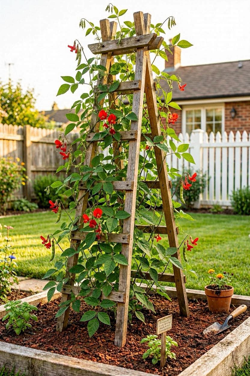 Building an A-frame wooden bean trellis in backyard garden