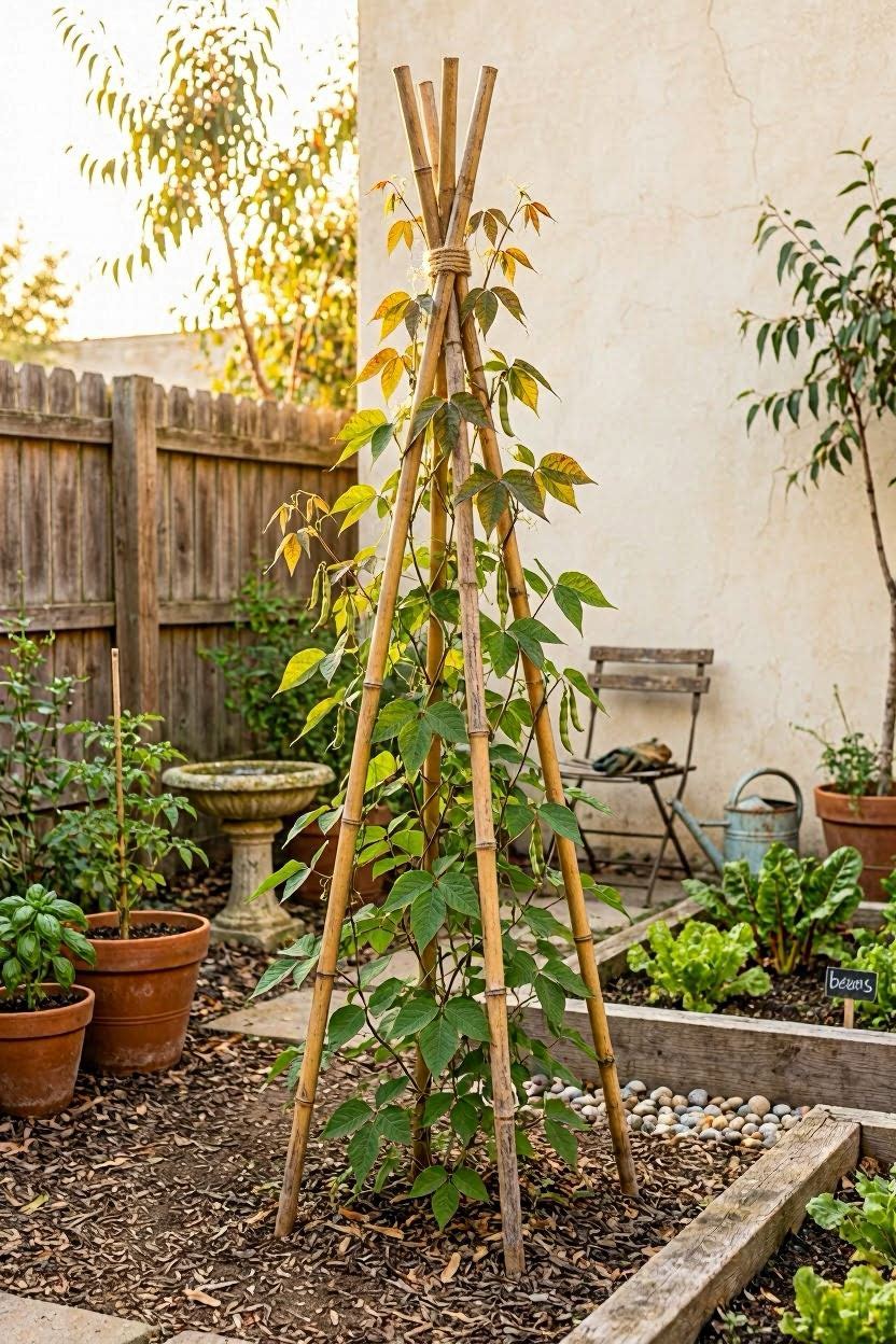 Bamboo teepee trellis for climbing bean plants
