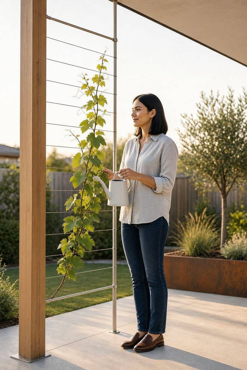 Thin cable wire trellis system on pergola post for climbing vines