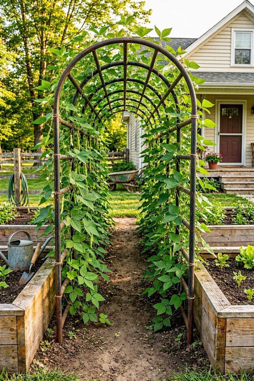 Cattle panel arch trellis covered with climbing beans