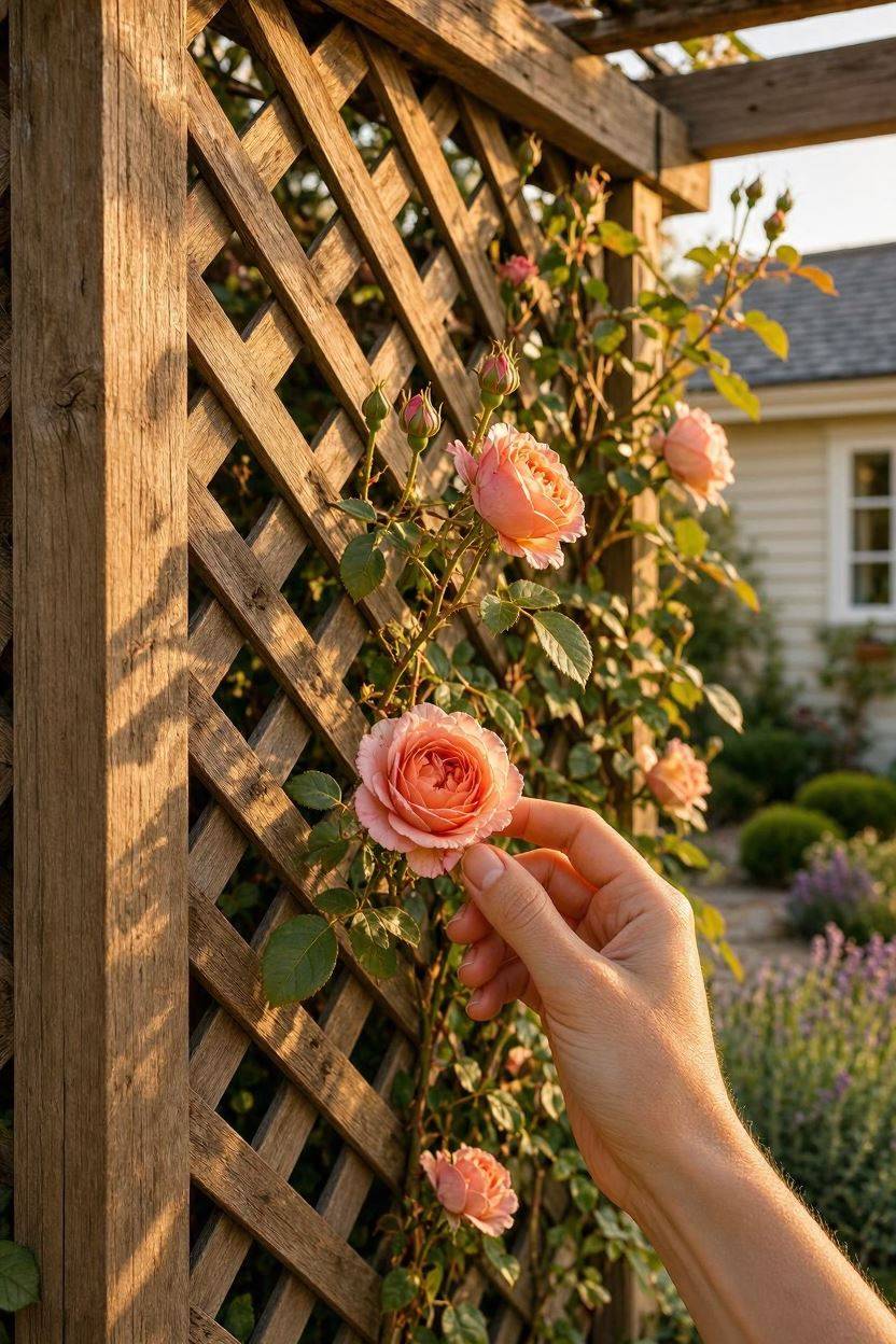 Classic diamond lattice trellis panel attached to pergola side