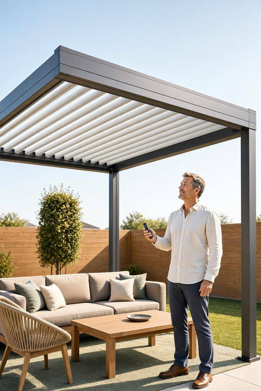 Adjustable louvered pergola roof trellis over outdoor seating