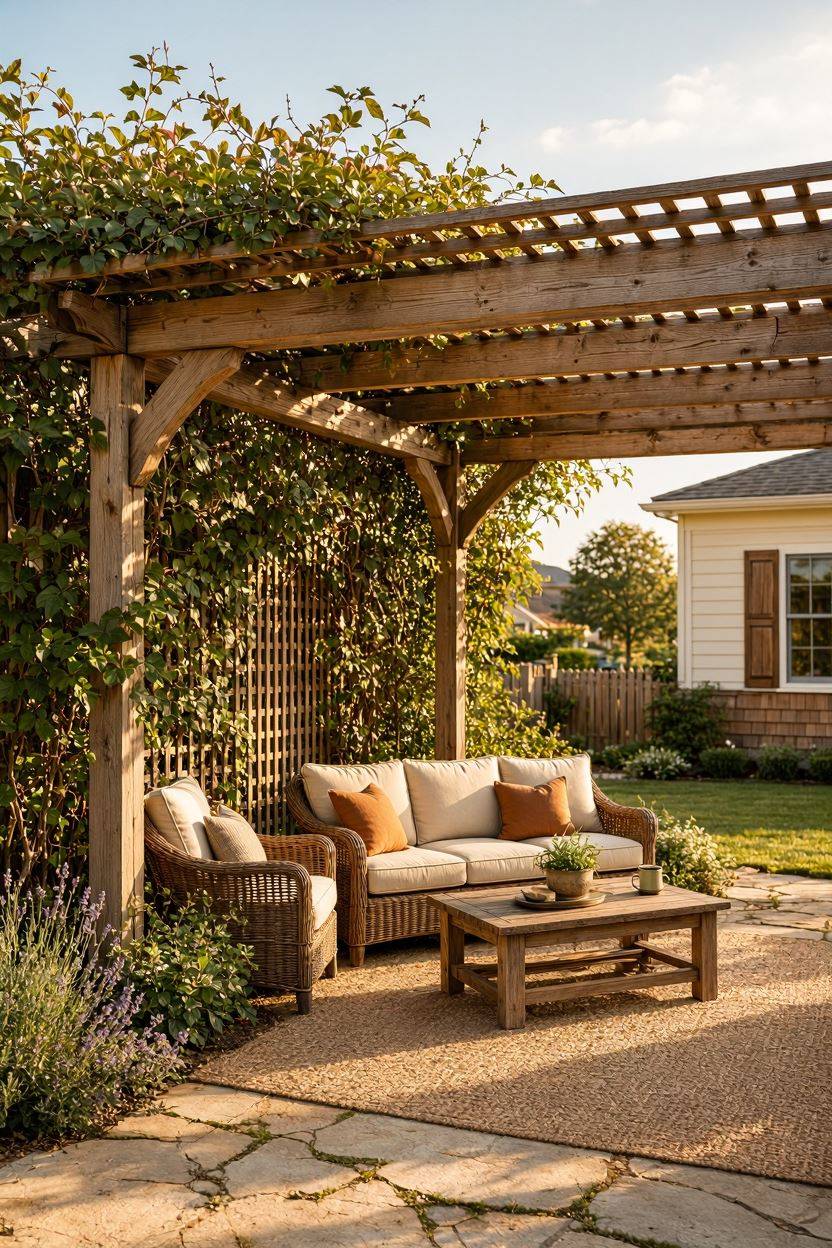 Wooden pergola with lattice trellis and climbing vines in backyard