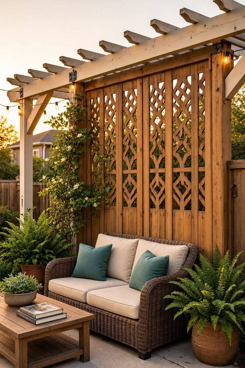 Solid privacy panel trellis on side of backyard pergola