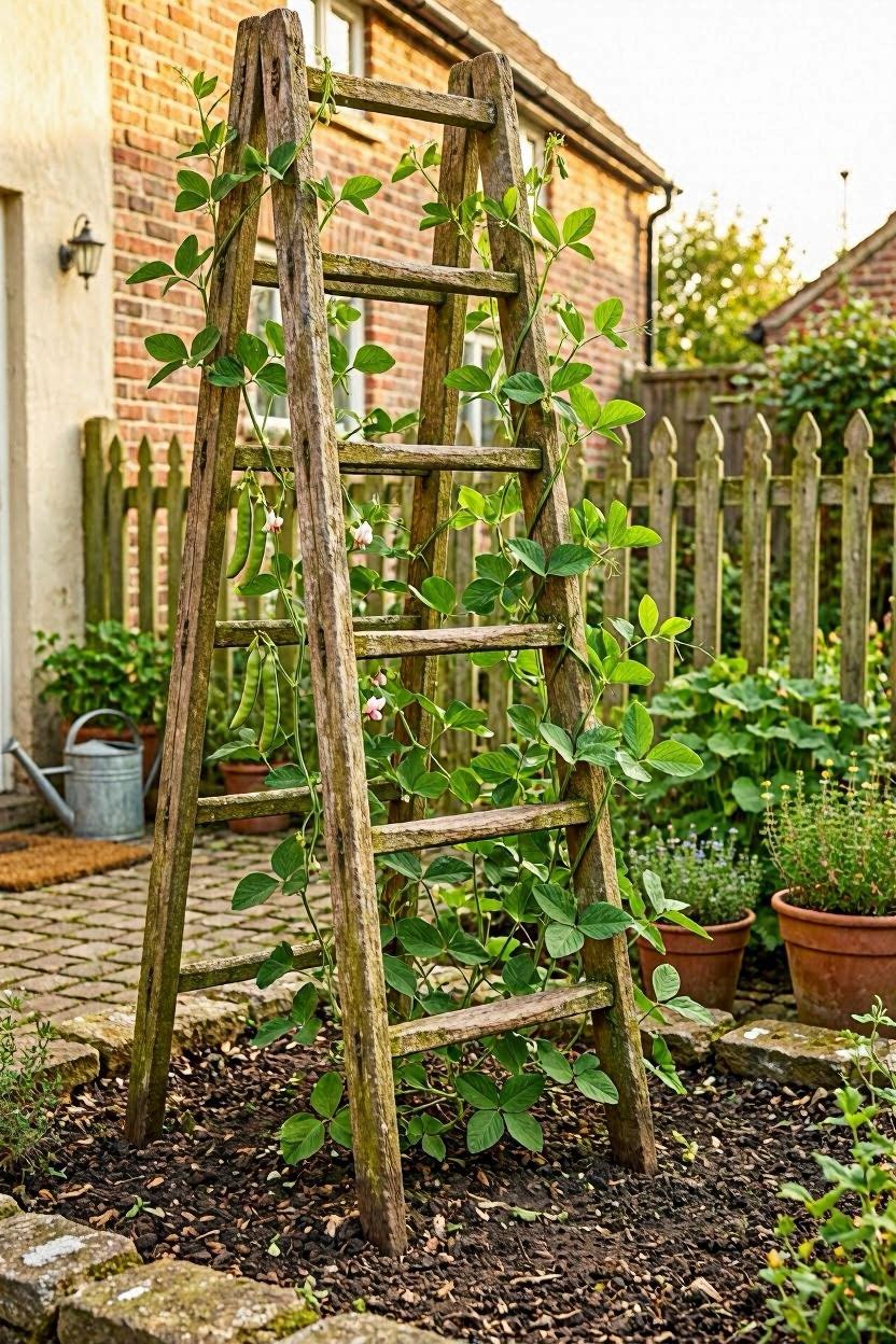 Old wooden ladder used as rustic bean trellis