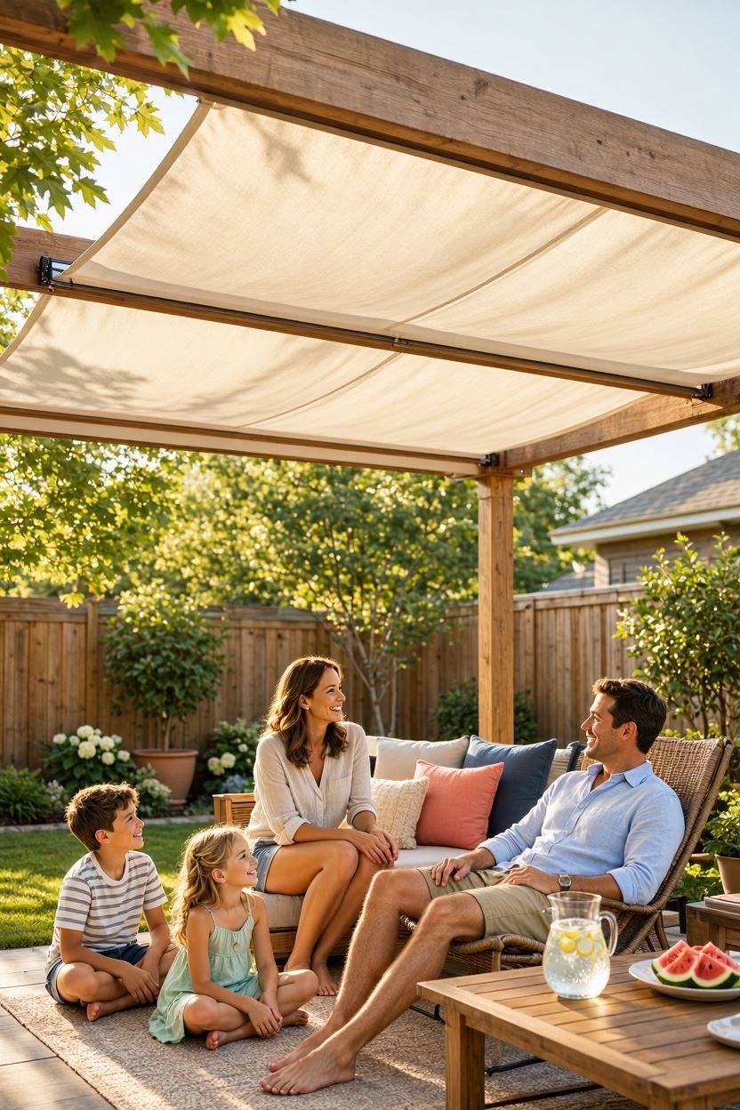 Retractable fabric canopy trellis pulled across pergola beams
