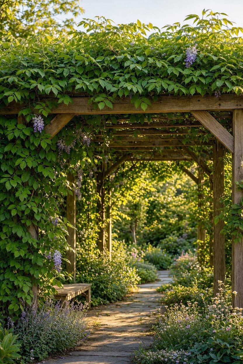 Lush green vine covered living trellis on wooden pergola