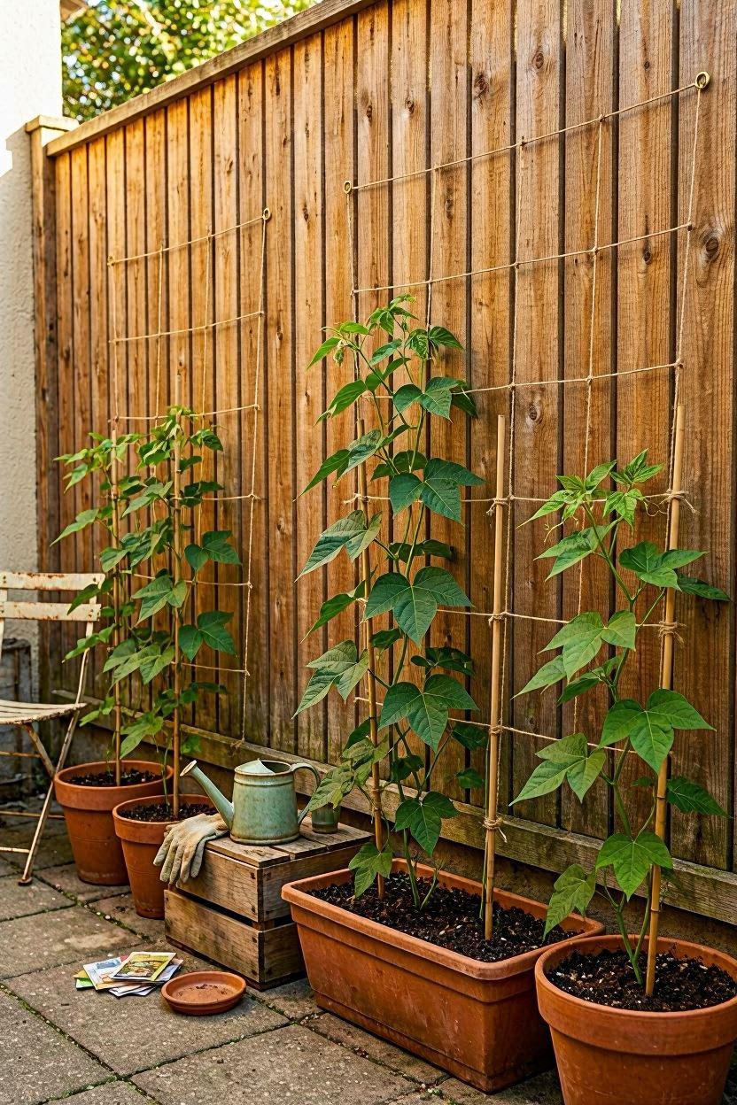 Vertical string trellis attached to wooden fence for beans