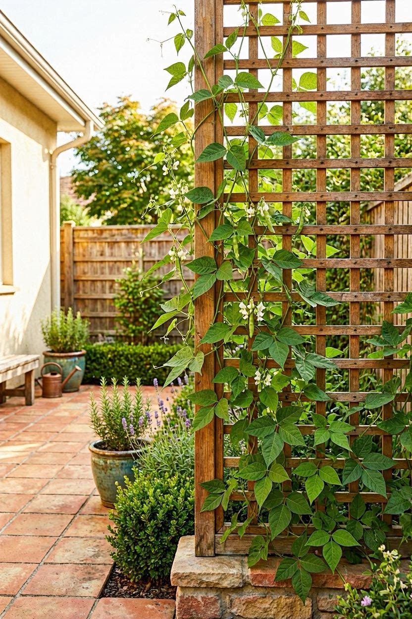 Wooden lattice panel trellis with green bean vines